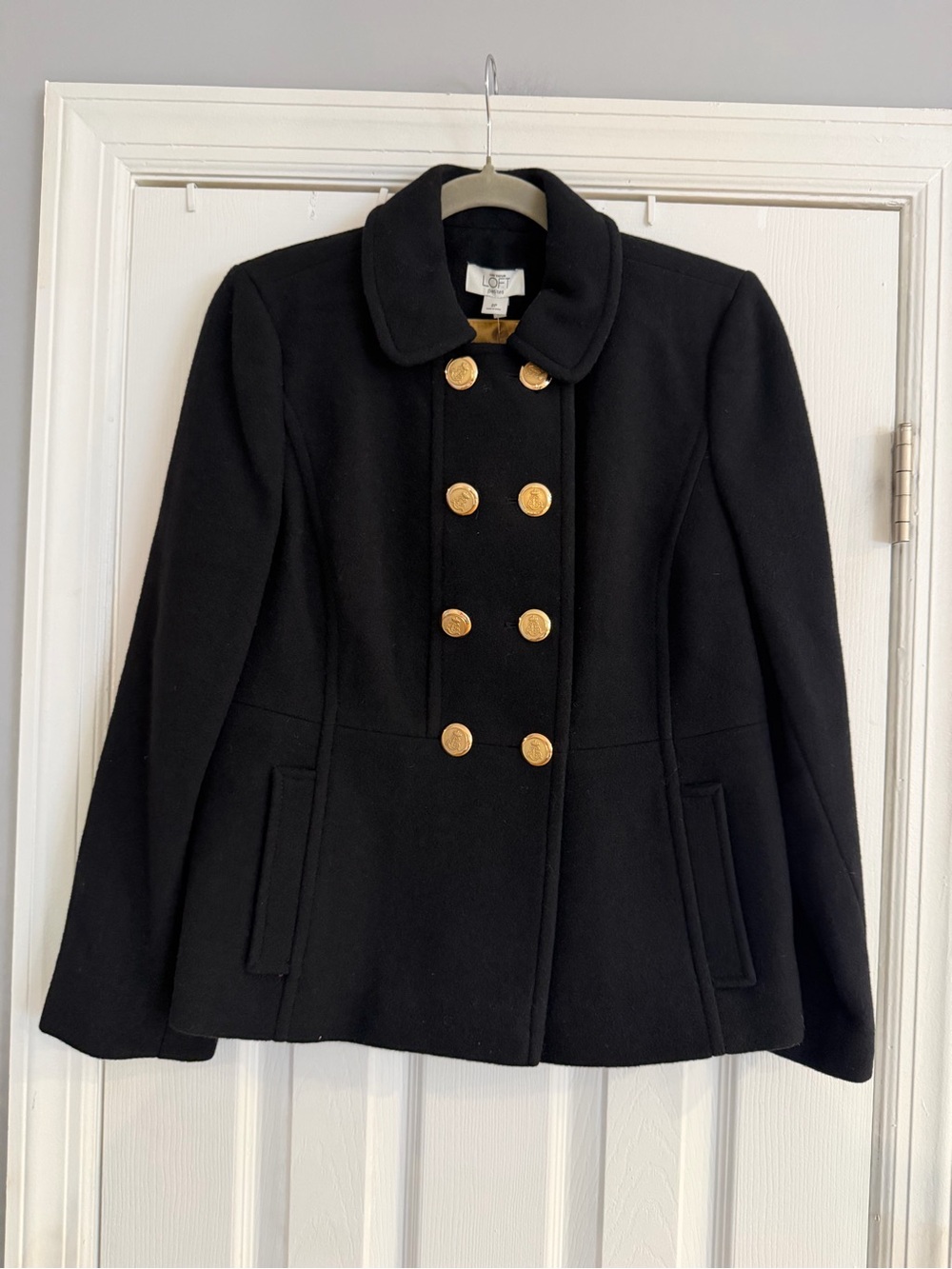 NWT LOFT Petite Black 70% Wool Military Peacoat Gold Buttons 8P